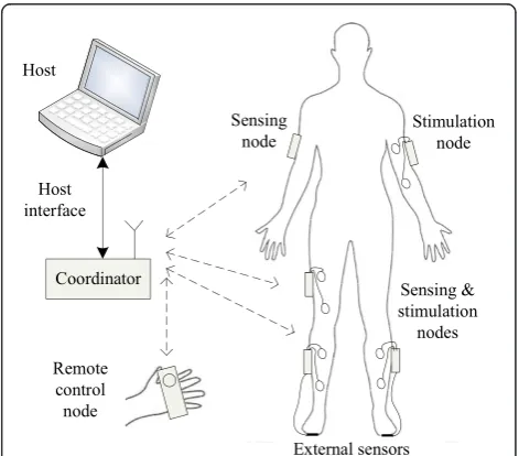Figure 1 Architecture of the system, which consists of a set ofdevices with sensor/stimulation functionality mounted on thesubject, remote control nodes, a coordinator node and a hostthat runs the control and assessment algorithms.