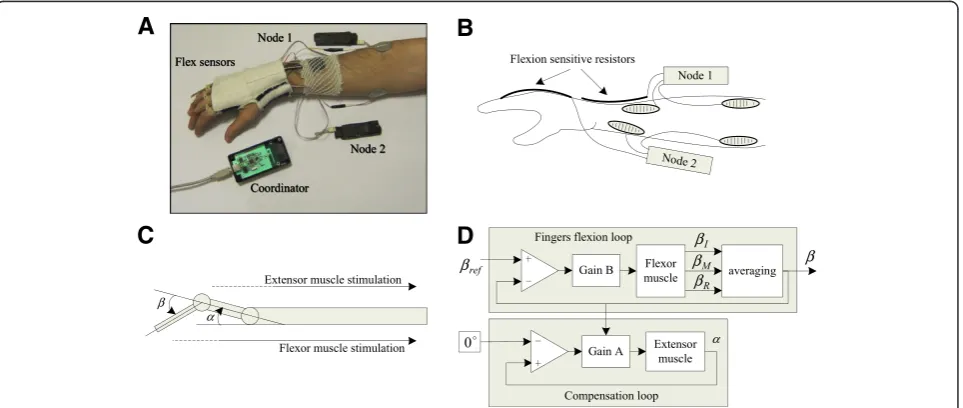 Figure 6 Experimental setup: (A) photo of the system mounted on the subject, (B) schematic drawing of the setup, (C) functionalmodel of the arm, and (D) control algorithm model.