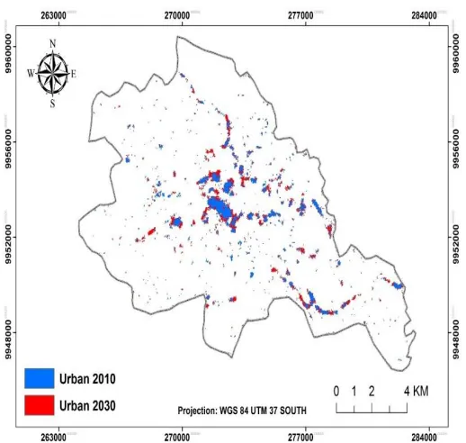 Figure 7, we can see that UGM 1 yielded moderate urban growth was over the research areas compared to the explosive growth using UGM 1 in Figure 8