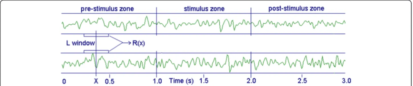 Fig. 2 The double data-window lasting L is shifted progressively along the two tracks S1(x) and S2(x), and the corresponding Pearson ’s correlation between the two windows is calculated and stored in the vector R(x), where x is the sampling data index of t