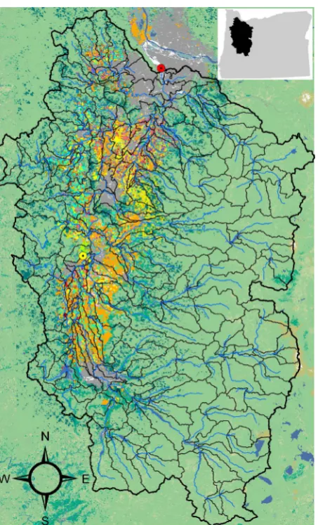 Figure 1. Stream network (blue), sub-basin boundaries (thin black lines), entire Willamette River Basin (heavy black line), representative landuse classifications by plurality-rule over time {various colors, in-cluding forests (light green), annual crops w