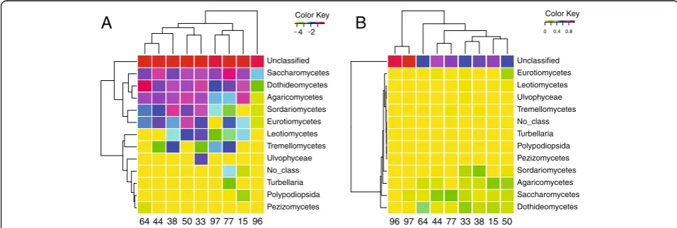 Figure 3 CloVR-ITS rarefaction and histogram visualizations for gastric fluid data. Example outputs of the CloVR-ITS pipeline for the humangastric fluid data: (A) rarefaction curves of genus-level OTUs (85% identity threshold for clustering) and (B) stacked histograms displaying relativeabundances at the taxonomic class level (60% identity threshold over 90% of the sequence).