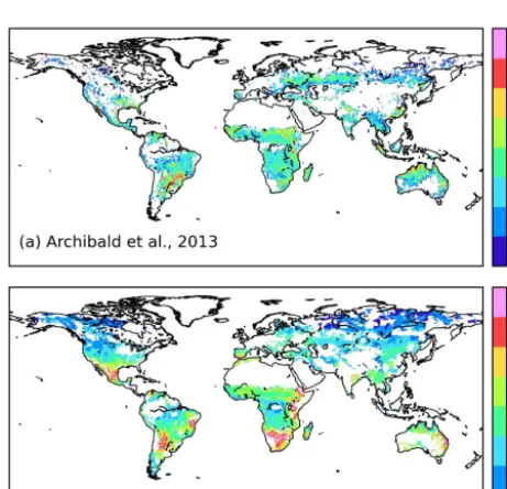 Figure 8. Spatial pattern of the peak ﬁre month by (a) ORCHIDEEand (b) GFED3.1 data over 1997–2009