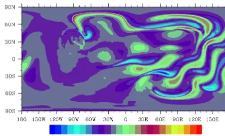 Figure 10. The error in the TC5 vorticity ﬁeld is plotted for the global domain. The color scheme given in (a) is the same for all plots