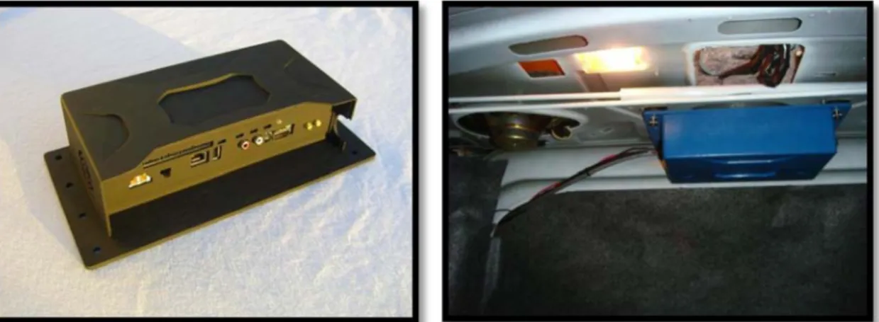 Figure 5. Left - Illustration of NextGen DAS; Right - NextGen DAS mounted within vehicle, under the “package shelf” inside the trunk