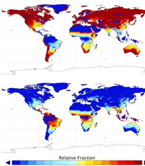 Figure 6. Relative fractions of C3 (top) and C4 (bottom) grasslandon global 0.5◦ scale under the present climate (2000–2010).