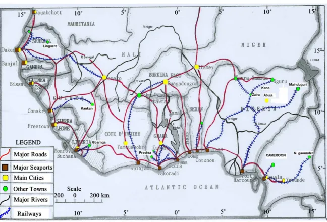 Figure 3. West Africa map showing Abidjan Port Hinterland and the Corridor Abidjan to Ouagadougou-Bamako
