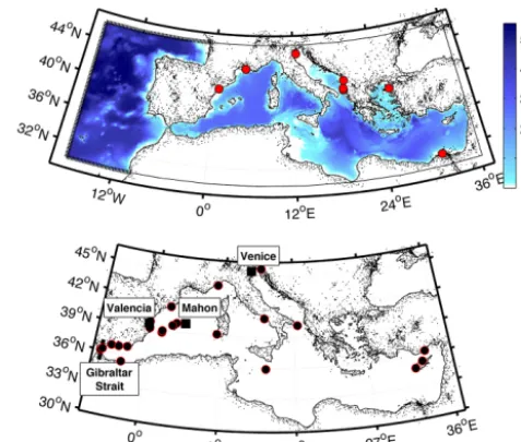 Figure 1. Upper panel: model domain. Bold dashed lines in the At-lantic indicate the location of the lateral boundaries of the model.Red circles indicate river locations and Dardanelles inﬂow