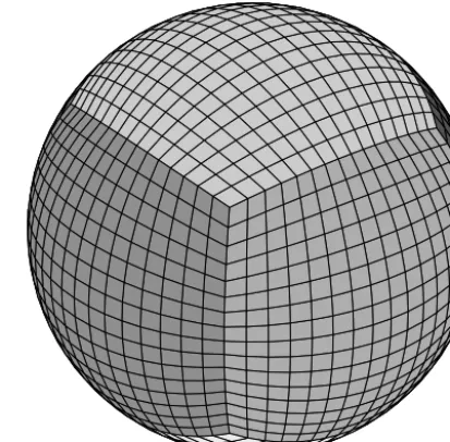 Figure 1. A 3-D view of the cubed-sphere grid shown here withne = 16. Cubed-sphere faces are individually shaded.