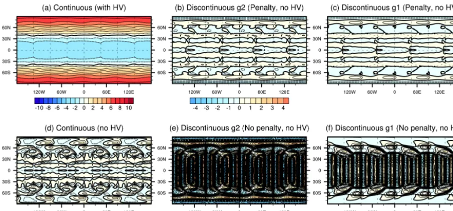 Figure 3. Lintegration period. Contour spacing for plot2 errors in Williamson et al. (1992) test case 2, steady-state geostrophically balanced ﬂow for ne = 4 and np = 4 after a 5-day (a) is 1 m