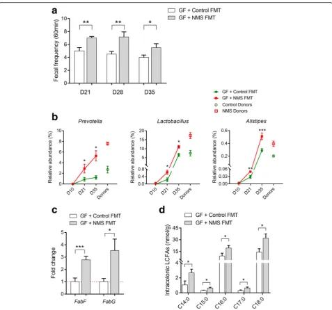 Fig. 5 Fecal microbiota from NMS donors enhances defecation frequency and intracolonic bacterial SLCFAs production in pseudo germ-free (GF)0.05; **relative levels of genes required for SLCFA synthesis in colonic contents of colonized GF rats.rats (n = 6/gr