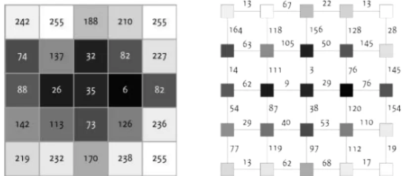Figure 7: Original image (left) and edge-weighted graph G (right). The value of the edge weights is the absolute difference of the gray value of the  neigh-boring pixels connected by the edge.