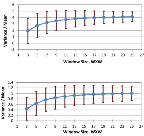 Figure 6.6 : The local statistics computed for different window sizes (top) the cyst  and (bottom) the liver images