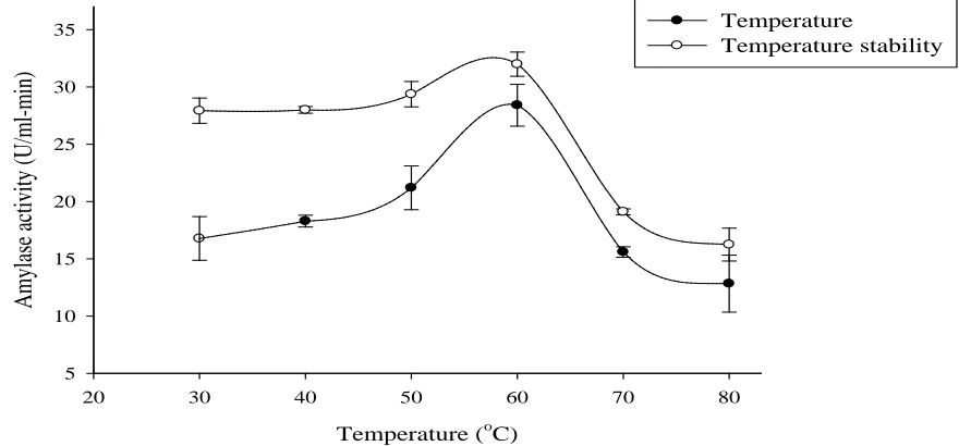 Figure 2: Effect of temperature and temperature stability of A. niger KV5B amylase activity 
