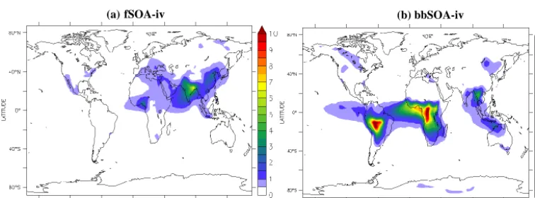 Figure 6. Modeled average surface concentrations (in µg m Figure 6: Modeled average surface concentrations (in μg m-3) of (a) SOA-sv from the oxidation 1242 of SVOCs from fuel combustion (fSOA-sv) and (b) SOA-sv from the oxidation SVOCs from biomass burnin