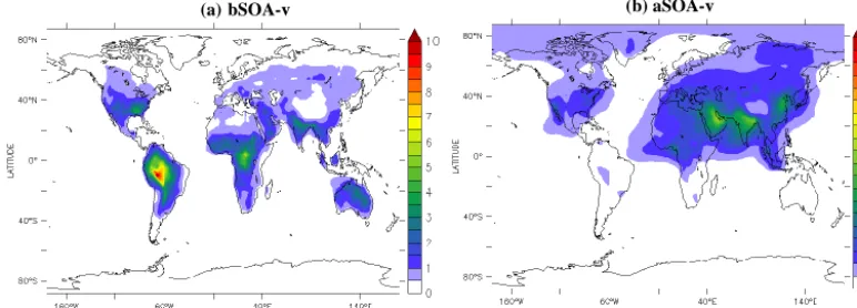 Figure 8. Modeled average surface concentrations (in µg m1267 Figure 8: Modeled average surface concentrations (in μg m-3) of (a) SOA-v from the oxidation 1268 of biogenic VOC emissions (bSOA-v) and (b) SOA-v from the oxidation of anthropogenic VOC 1269 em