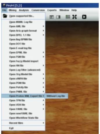 Figure 1 shows how a Protos XML Export file can be opened in ProM. After choosing File ⇒ Open Protos XML Export file ⇒ Without Log file a window opens for the selection of the location of the XML file.
