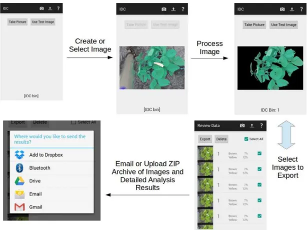 Figure 6: Smartphone app flowchart demonstrating the integration of pre-processing,  machine learning enabled classification and iron deficiency chlorosis visual rating in real  time