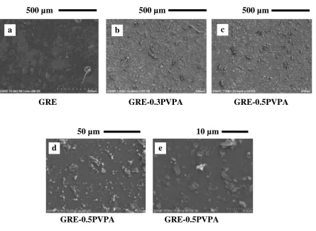 Fig. 1:   SEM images of the GRE and PVPA coated sample surfaces at various magnifications   