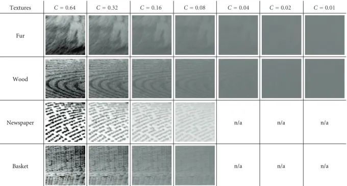 Figure 3: Contrast-adjusted versions of the textures used in the experiment. Note that only two images were tested in the very-low-contrast regime (RMS contrasts of 0.01, 0.02, and 0.04).