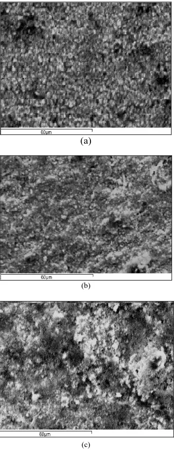 Figure 7. SEM images of (a) 0.3 g/l (b) 0.6 g/l (c) 0.9 g/l SDS incorporated 50 g/l YSZ loading/1 µm particle size coatings × 1,000 mag