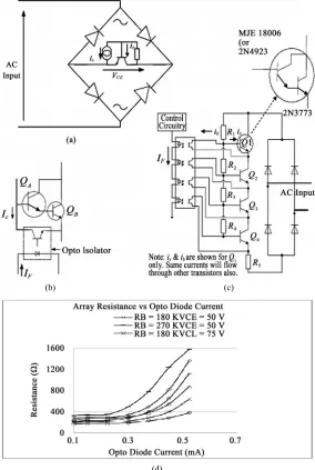 Figure 2. Concept of AC impedance control with a BJT array. (a) Simplified concept; (b) Control of the base current using opto transistor; (c) Implementation of a 4 element system; (d) Effective impedance (Rarray) of a 4 element array versus opto diode cur