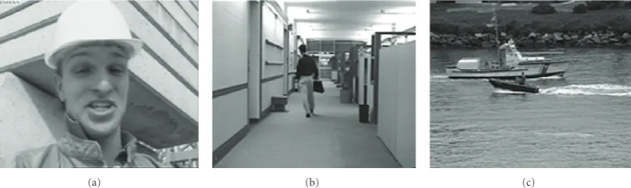 Figure 6: Sample frames for test sequences: (a) Foreman (frame 80); (b) Hall Monitor (frame 75); (c) Coast Guard (frame 60).