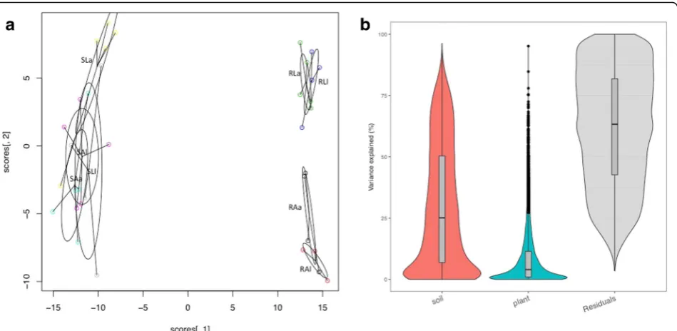 Fig. 2 a PCoA analysis plot of shoot and root H. lanatus plant transcriptome data generated using the vegan package in R