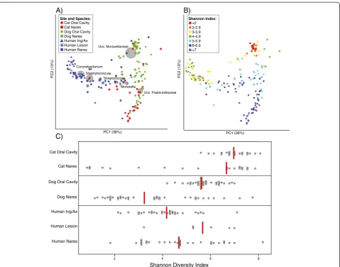 Figure 1 Distinct microbiomes colonize staphylococcal carriage sites of dogs, cats, and humans