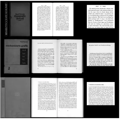 Figure 7. Covers, page spreads, and text sample from Typografie als Kunst (top) and Mechanisierte Grafik (middle), and Die Kunst der Typographie