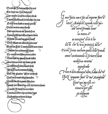 Figure 8. German and Italian chancery scripts. Left, detail of a page from Teuerdank, 1517