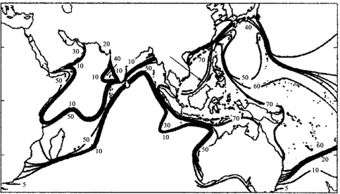 Figure 11. Schematized map of the generic diversity of reef-building corals in different regions of the Indo-Pacific (partly after Veron, 1995)