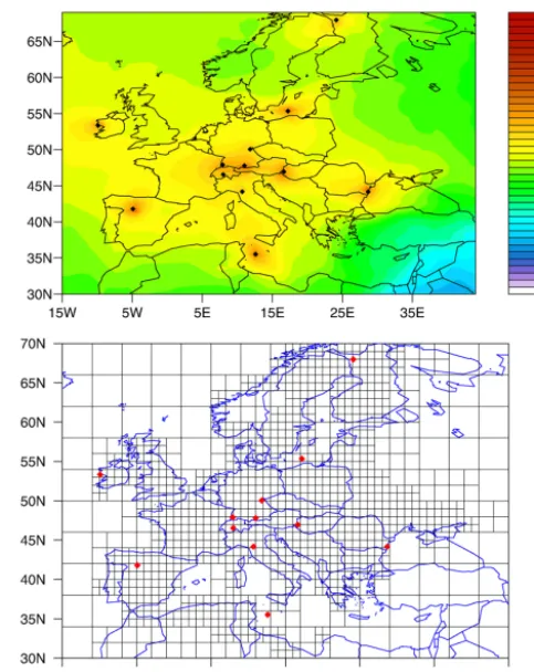 Figure 2. Total emission sensitivity for 2011 in units oflog(s m−3 kg−1) calculated using FLEXPART and used to deter-mine the variable grid (note that for this no weighting is appliedfor the number of observations available from each site) (a) and thevaria