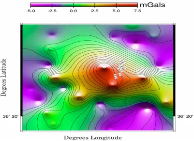 Fig. 6. Density contrasts for an intermediate horizontal layer of depth range 0.400 ∼ 0.800 km with a contour interval of 0.003 g/cm3.