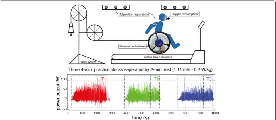 Figure 1 Schematic overview of the experimental setup and data collection. Top: Experimental measurement and test set-up for low-intensitysteady state (v = 1.1 m/s; 0.2 W/kg body weight) treadmill wheeling, using a pulley system, measurement wheels, mobile
