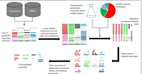 Figure 5 Overview of metatranscriptome simulation pipeline based on FluxSimulator. For each species considered, the genome sequenceand ORF annotation file is used to create a list of predicted transcripts for each species
