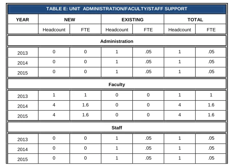 TABLE E: UNIT  ADMINISTRATION/FACULTY/STAFF SUPPORT 