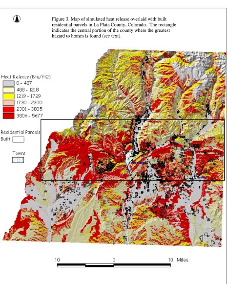 Figure 3. Map of simulated heat release overlaid with built   residential parcels in La Plata County, Colorado
