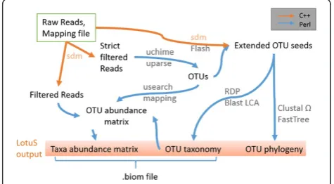 Figure 1 Overview of the LotuS workflow. Raw reads aredemultiplexed and quality filtered; from these, OTUs are clustered.Mid- and high-quality reads are mapped to OTUs; the taxonomy andphylogenetic relatedness are calculated on the extended OTU seeds.