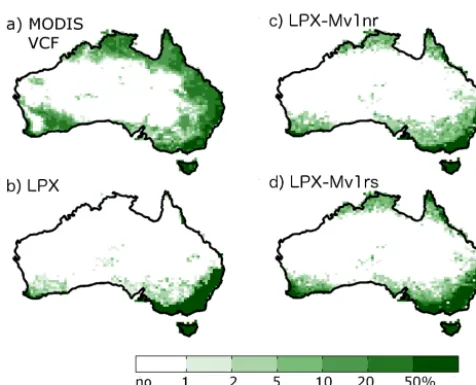 Figure 8. Comparison of percentage of tree cover from (a) obser-vations (DeFries and Hansen, 2009) and as simulated by LPX-M,LPX-Mv1-nr and LPX-Mv1-rs (b–d, respectively).