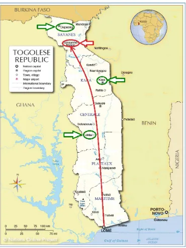 Figure 3. Map of Togo with optimal intermodal terminal. Source: Processed by the Author