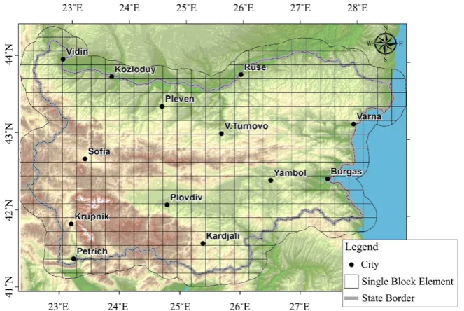 Figure 1. Research grid, containing 416 square blocks, 20 × 20 km in size covering the entire territory of Bulgaria and a 20 km wide strip outside the state border