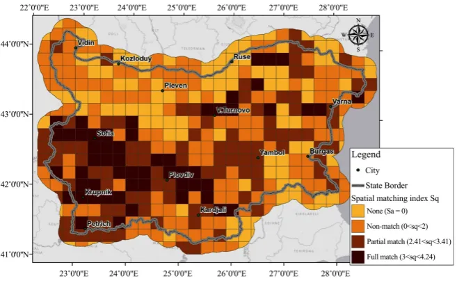 Figure 4. Map of the calculated spatial matching index Sq in 416 square elements cover-ing the entire territory of Bulgaria and showing the juxtaposition of seismogenic features from geological, geophysical and seismological data integration