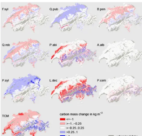 Figure 9. Changes in carbon mass between 2000 and 2100 simu-results under a rising COfrom year 2000 on