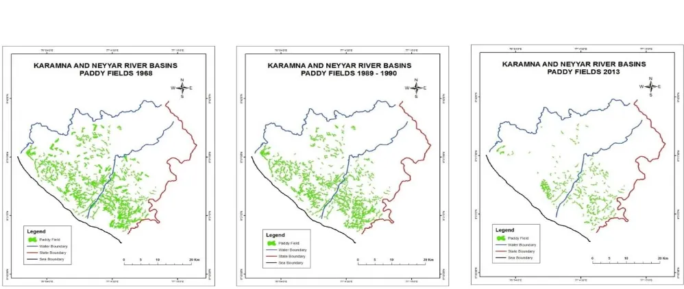 Fig.4 Temporal changes of Paddy Wetlands in Neyyar and Karamana basins 