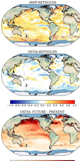 Figure 1. Spatial difference between 1986–2008 JJA mean SST inAMIP-II and Reynolds data sets (top) and OSTIA and Reynolds