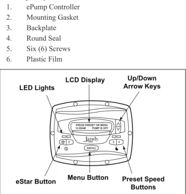 Figure 2.  Jandy ePump Variable Speed Pump  Controller Panel LCD Display Preset SpeedButtonsMenu ButtonLED LightsUp/DownArrow Keys234