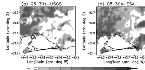 Figure 6. Vegetation-cover-fraction shaded maps for G5, processedwith (a) 30 arc-sec USGS and (b) 30 arc-sec ESA databases.