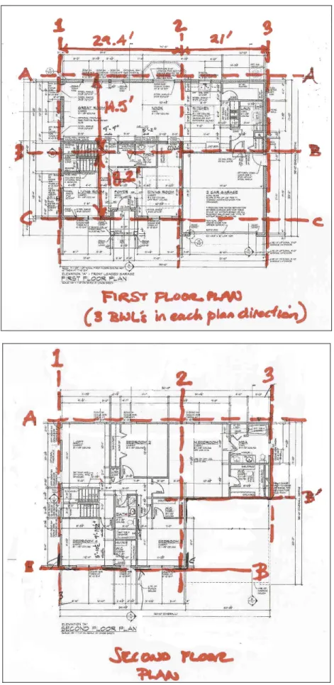 Figure 2: First and Second Story Floor Plans For Case Study #2 with Designated Braced Wall Lines 