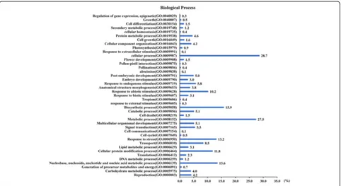 Fig. 2 Functional classification based on GO-biological process for 743 identified candidate rice genes driven by PIPs